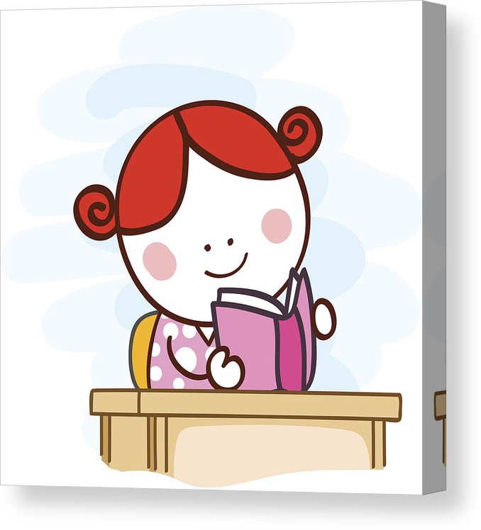 678x748 Student Girl Reading Book Cartoon Illustration Canvas Print