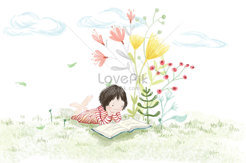 860x573 A Little Girl Reading A Book On The Grass Illustration