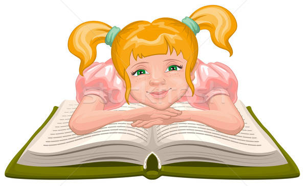 600x365 girl reading book child sits in front of an open book vector