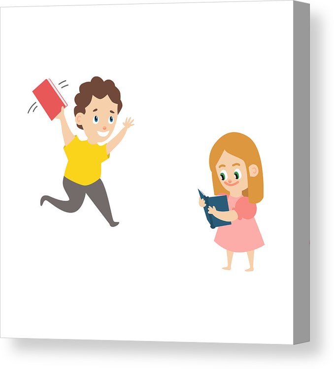 678x750 Vector Flat Boy Running With Book, Girl Reading Canvas Print