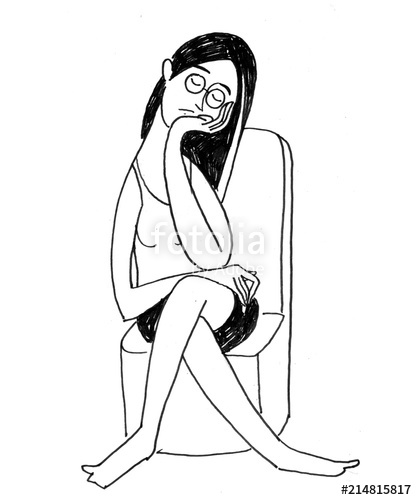 417x500 black and white sketch of the girl with glasses sits on the chair