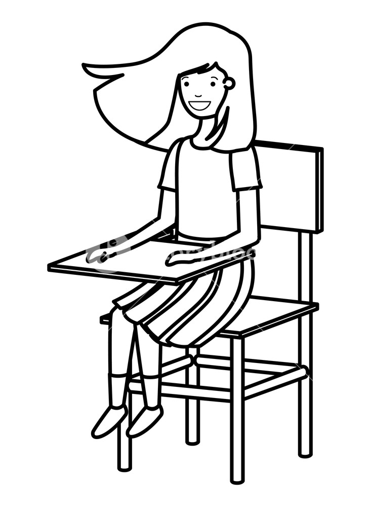 733x1000 Young Student Girl Sitting In School Chair Vector Illustration