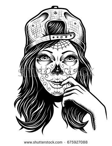 360x470 Illustration Of Black And White Skull Girl With Cap On Head