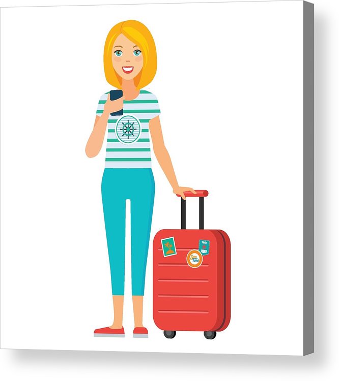 666x750 Vector Illustration Of Tourist Girl Standing With Luggage Acrylic