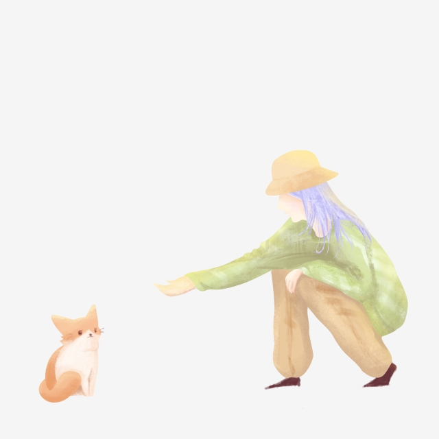 640x640 Watercolor Fresh Girl And Cat People Pet Warm Scene, Cat Clipart