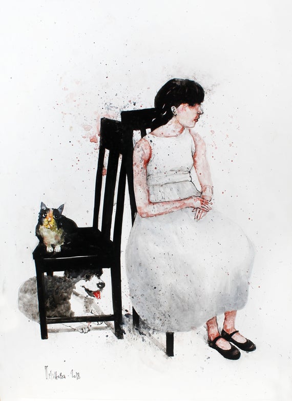 570x781 Watercolor Painting Sitting Girl With Cat And Dog Girl In Etsy