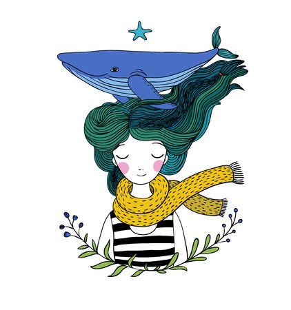422x450 Beautiful Young Girl Sailor With A Whale In Her Hair Sea Animals
