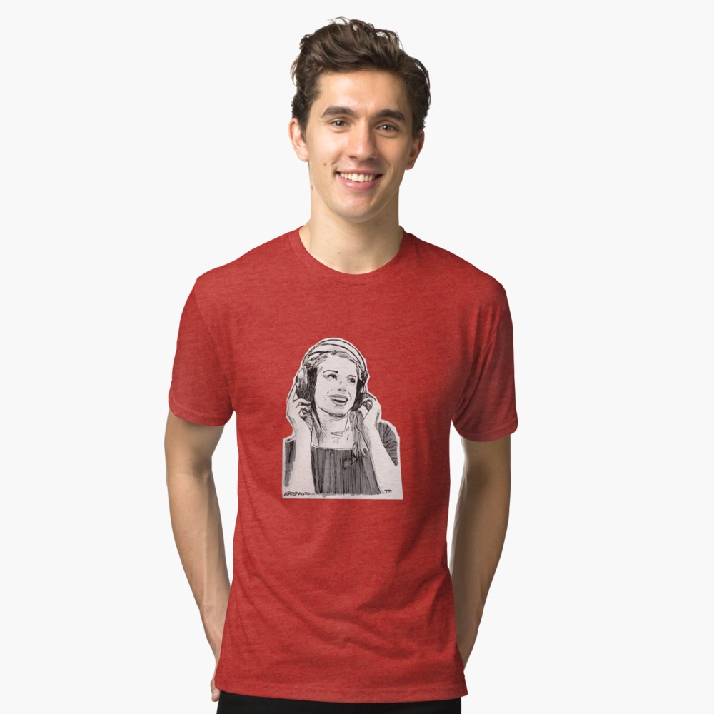 1000x1000 drawing of a girl wearing headphones tri blend t shirt