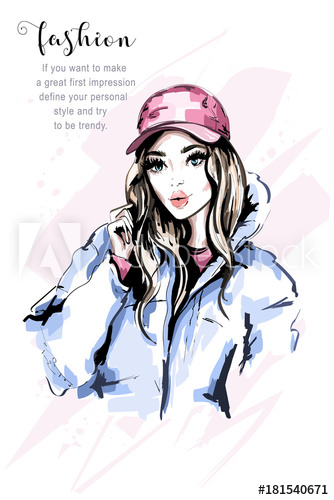 334x500 Hand Drawn Beautiful Young Woman Portrait Fashion Woman In Cap