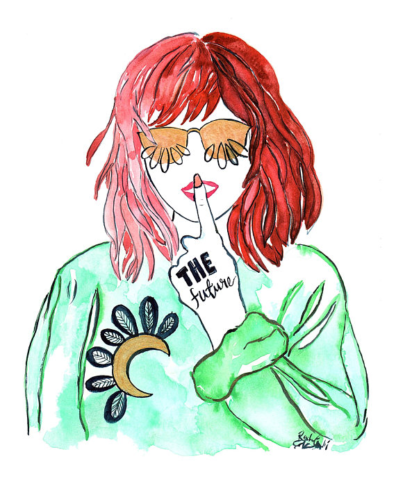 570x713 Girl Red Hair Green Sweater Girl Power Feminism Watercolor