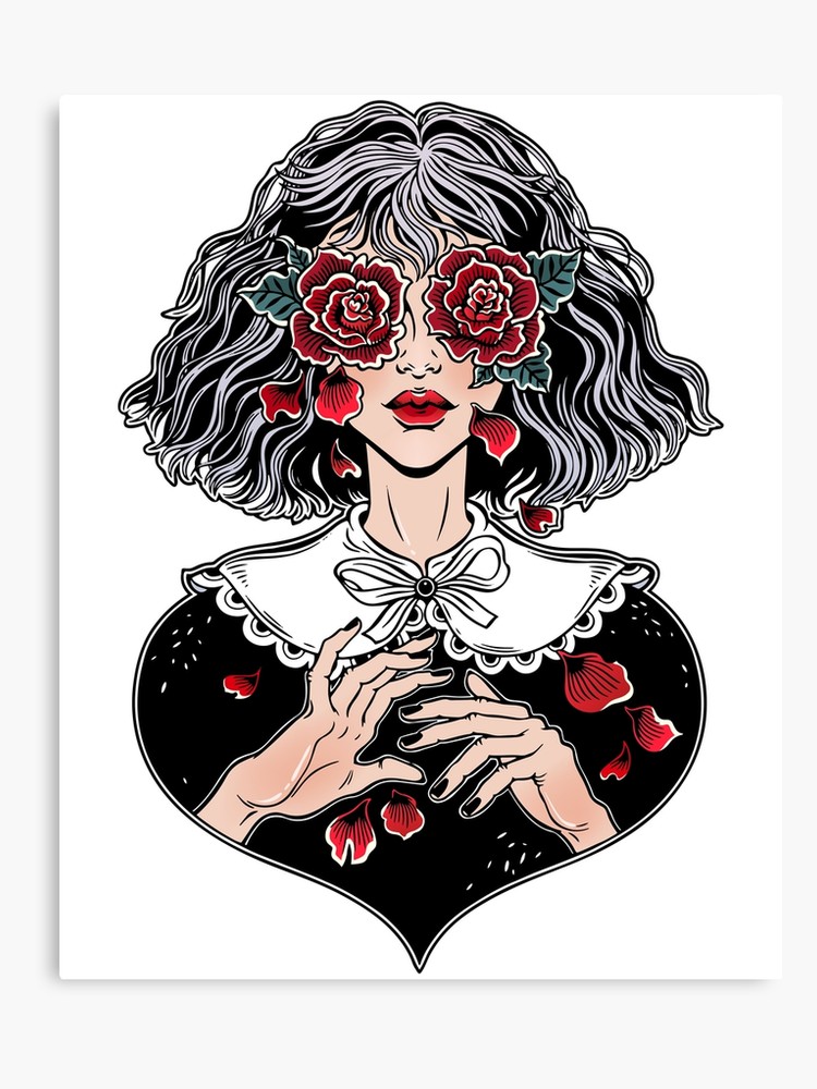 750x1000 vintage girl with rose eyes crying rose petals vintage design