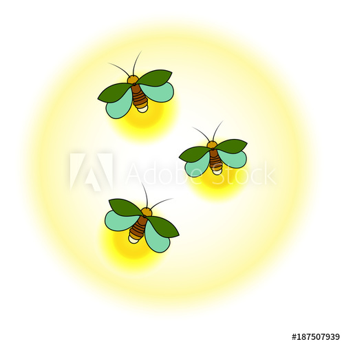 500x500 three green fireflies with a yellow glow a simple stylized