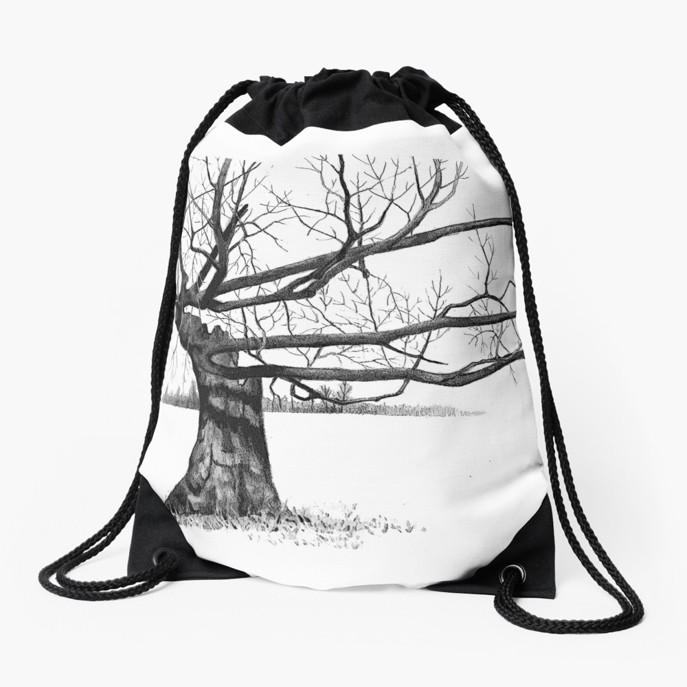 1000x1000 Gnarly Tree With Twisted Branches, Pencil Drawing Drawstring Bag