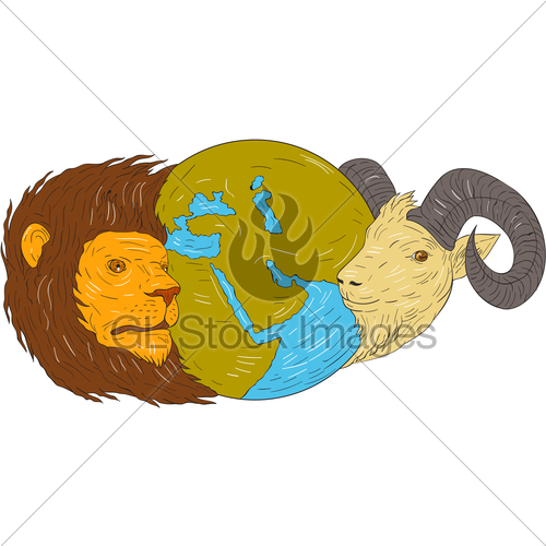 500x500 Lion Goat Head Middle East Map Globe Drawing Gl Stock Images