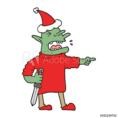 500x500 Line Drawing Of A Goblin With Knife Wearing Santa Hat