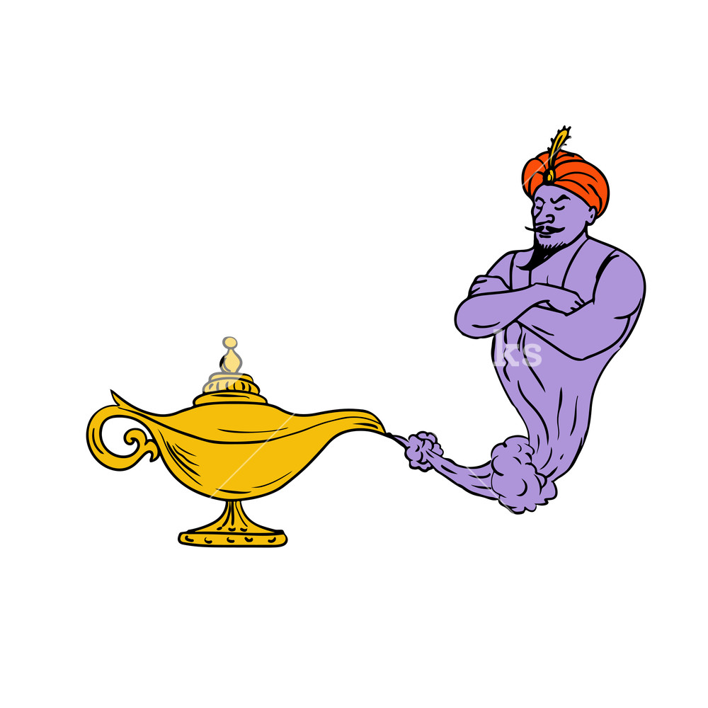 1000x1000 drawing sketch style illustration of an arabian genie coming out