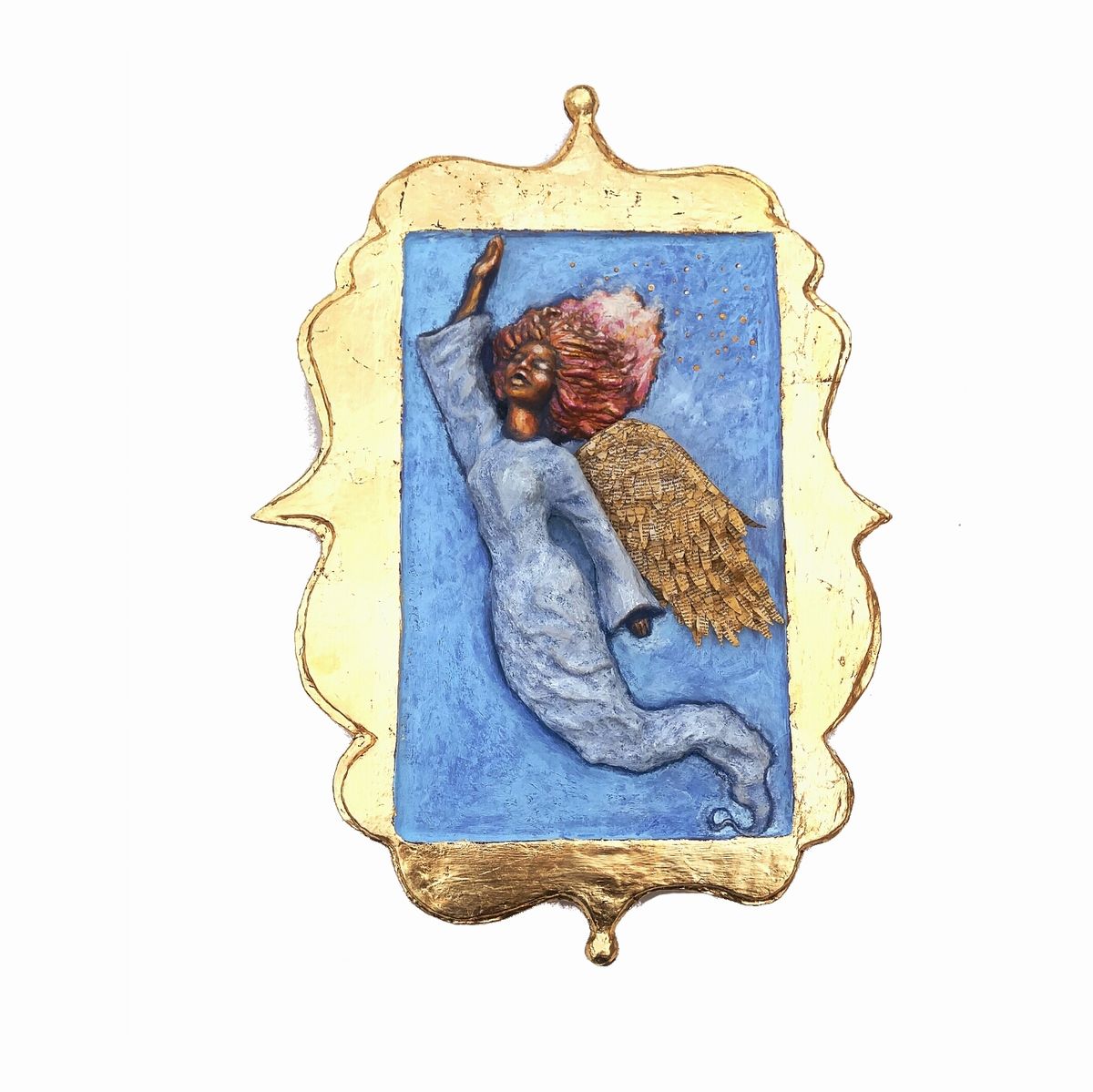 1200x1199 Angel Wall Sculpture, Gold Leaf Framed Paper Mache Relief Art