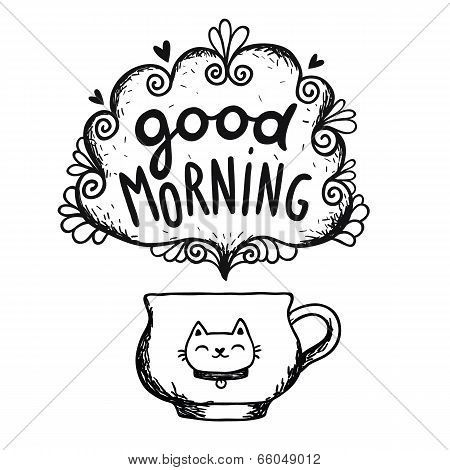 450x470 Good Morning Sketch With Cup Of Coffee And Cat Apple Pie