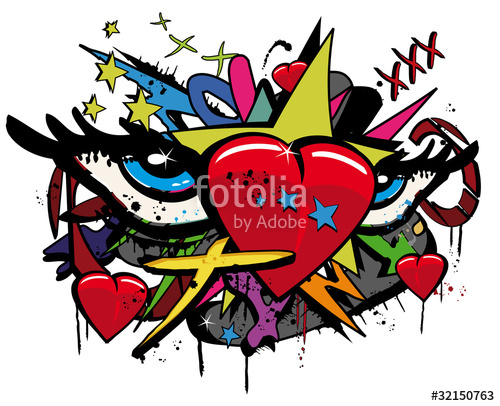 500x406 Pop Art Love Graffiti Hearts Eyes Illustration White Background