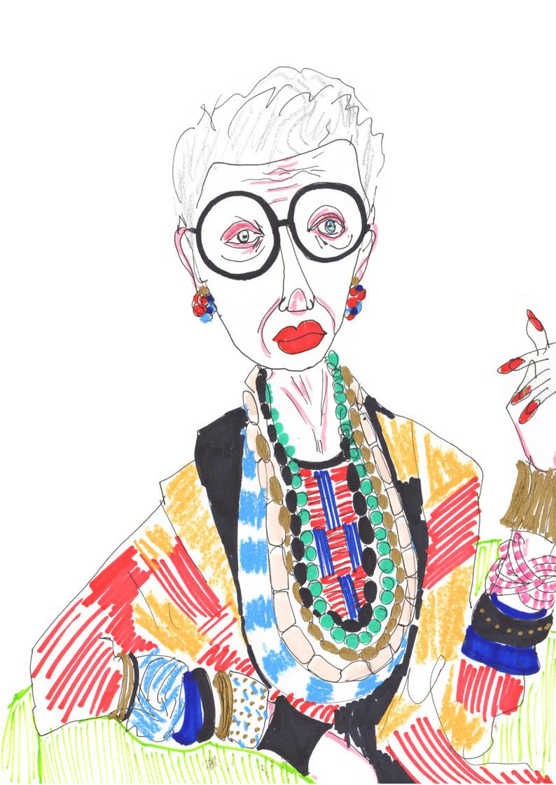 794x1120 Iris Apfel Drawing Print Portrait Mixed Media Advanced Etsy