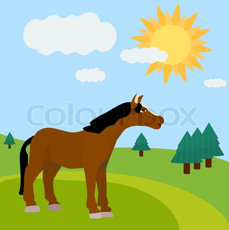 796x800 Horse Drawing On A Green Field Stock Vector Colourbox