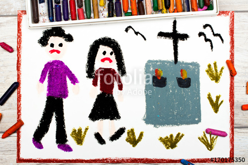 500x334 photo of colorful drawing sad couple and grave stock photo
