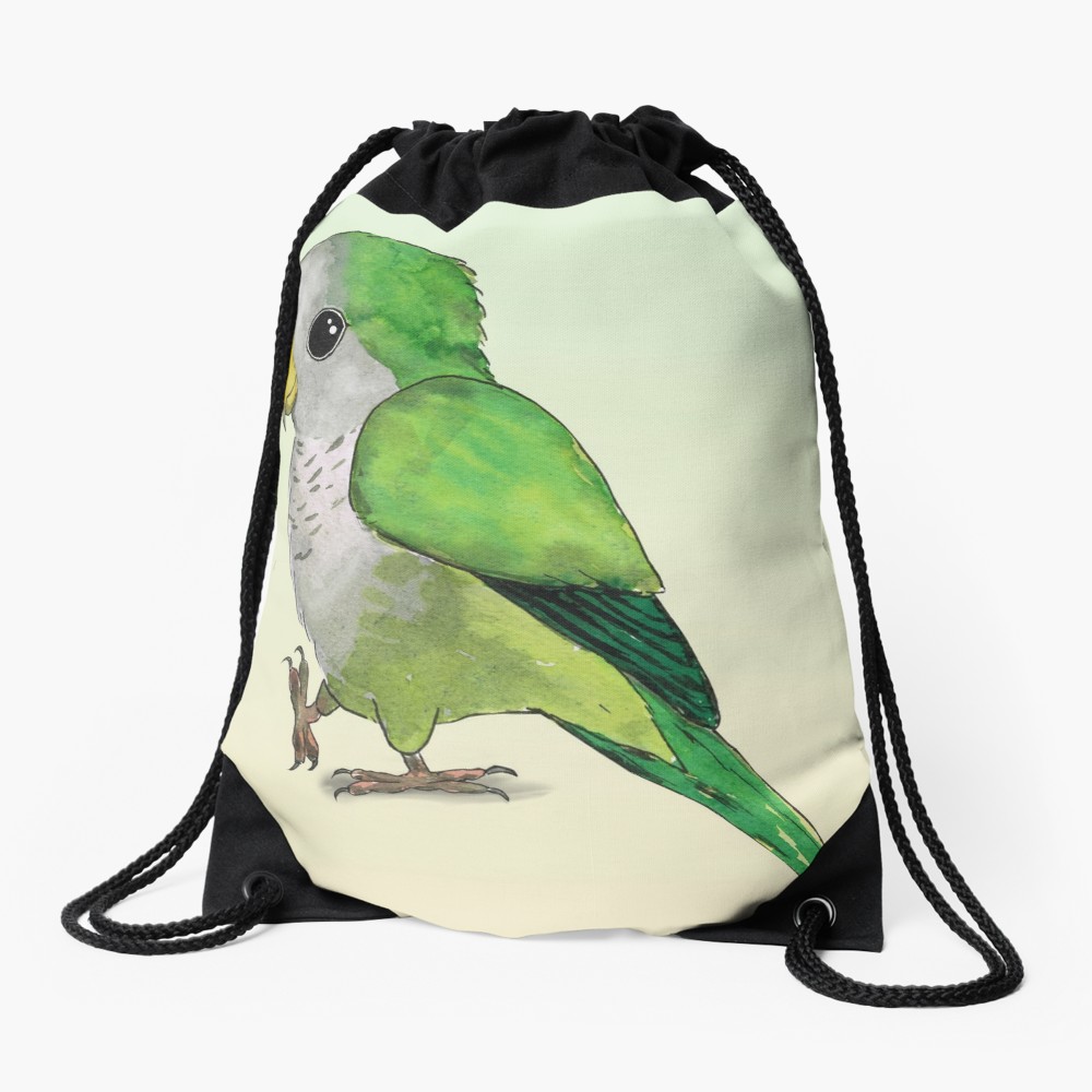1000x1000 Very Cute Green Quaker Parrot Drawstring Bag