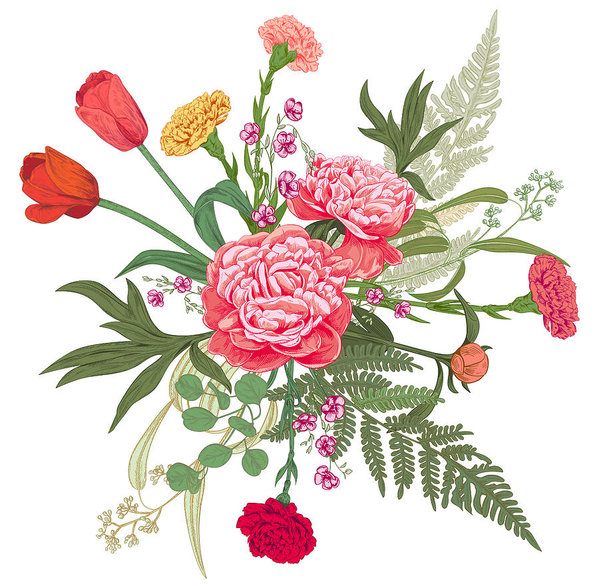 599x588 bouquet of red, pink, yellow flowers and greenery carnation