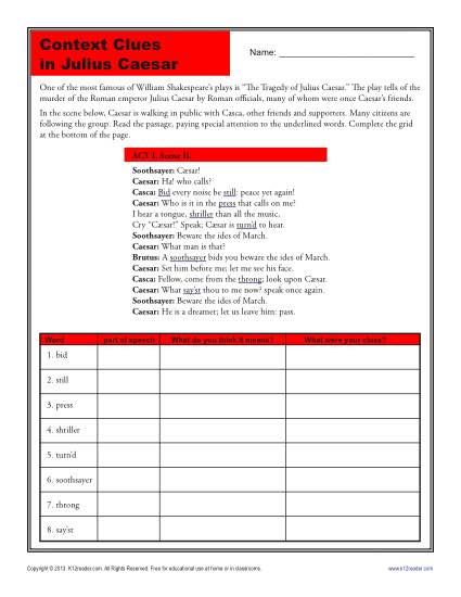 425x550 Context Clues In Julius Caesar High School Worksheets