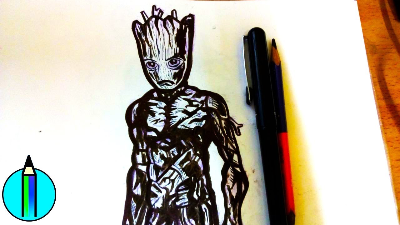 1280x720 drawing and inking teen groot from avengers infinity war!