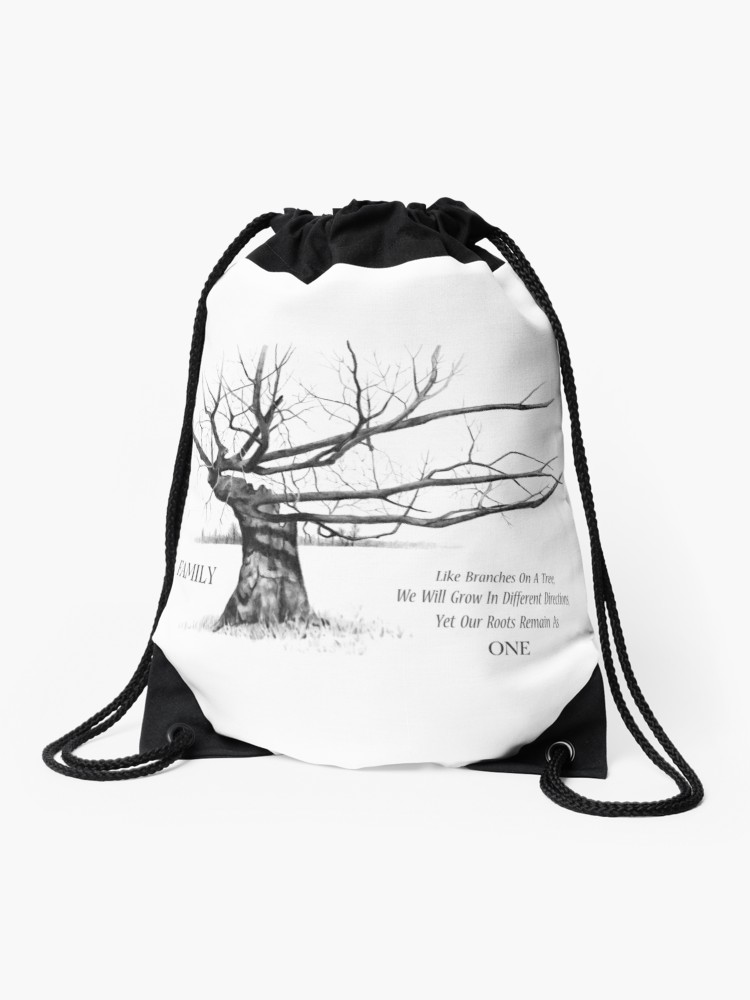 750x1000 Family Quote, With Gnarly Tree In Pencil Drawing Drawstring Bag