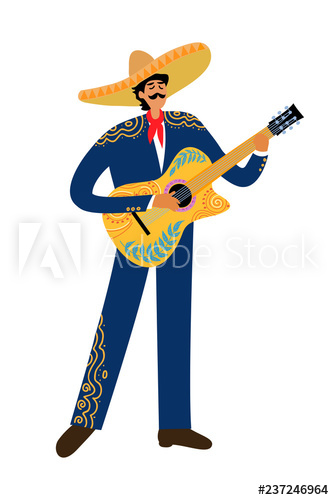 334x500 Isolated Flat Cartoon Of A Mexican Man Playing Guitar In Sombrero