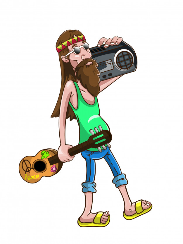626x834 A Man Walks Carrying A Guitar And Music Player Cartoon Vector