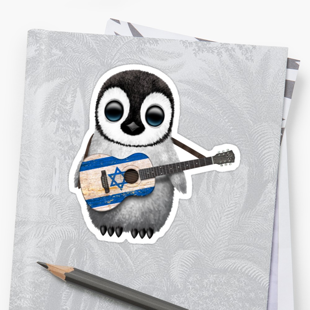 1000x1000 Baby Penguin Playing Israeli Flag Guitar Sticker