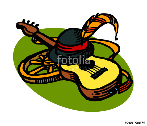 500x430 gypsy symbols, guitar and hat with feather and wheel of carriage