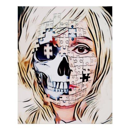 422x422 Womans Face Half Skull Puzzle Abstract Surreal Art Poster