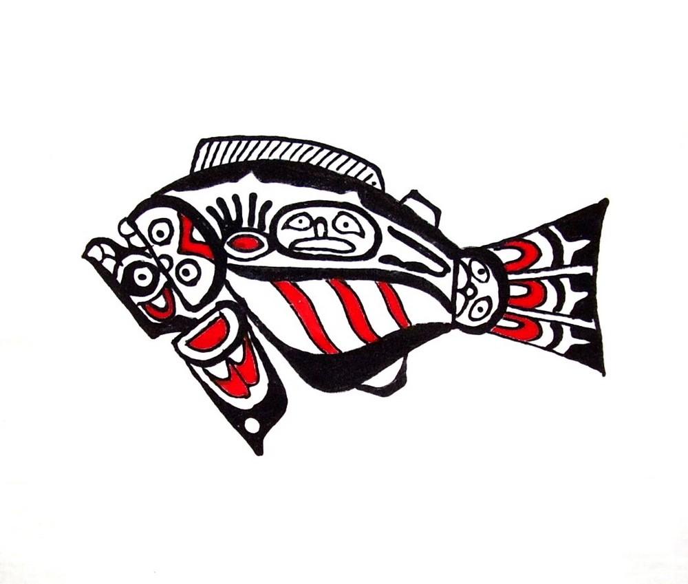 1000x849 hand painted textile art nw american indian halibut x white