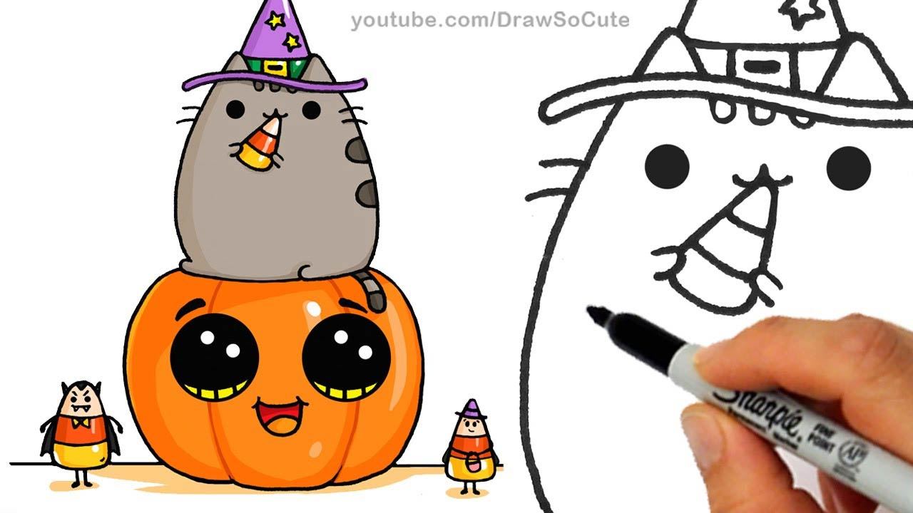 1280x720 How To Draw So Cute Pusheen Cat Pumpkin And Candies For Halloween