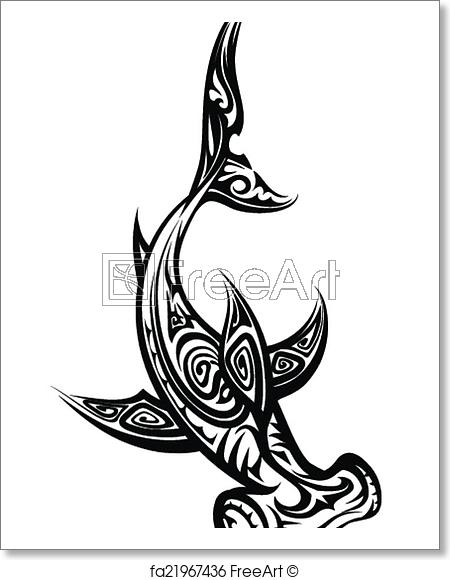 450x580 Free Art Print Of Black And White Hammerhead Shark Polynesian