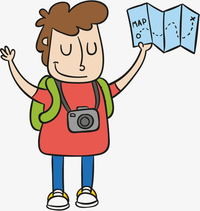 650x686 A Tourist With A Map On His Hand, Cartoon Hand Drawing, On Foot