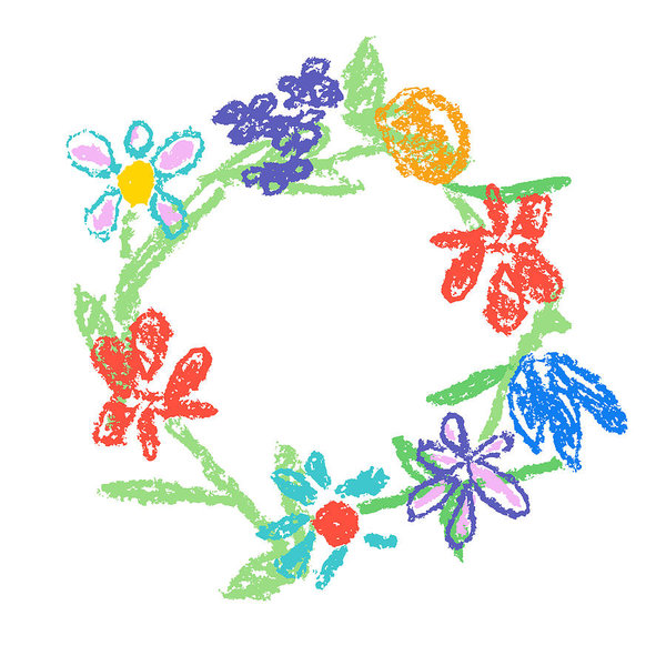 600x600 Crayon Hand Drawing Round Frame With Colorful Flowers Like Kid