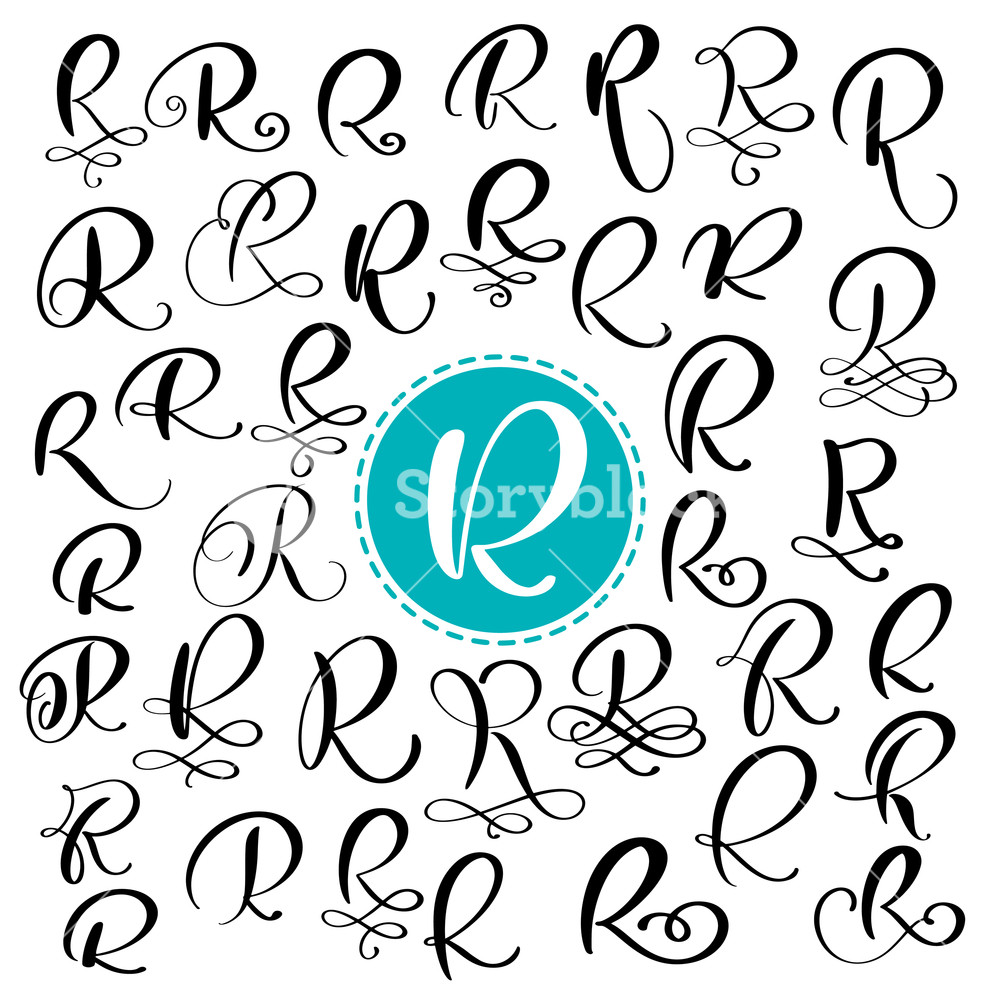 1000x1000 Set Letter R Hand Drawn Vector Flourish Calligraphy Script Font