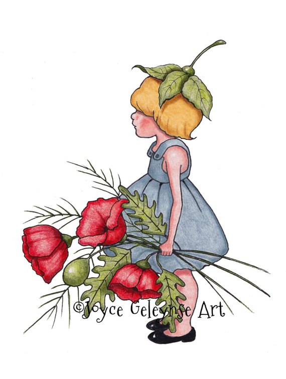 570x756 Clip Art, Freehand Illustration, Little Girl With Flowers, Red