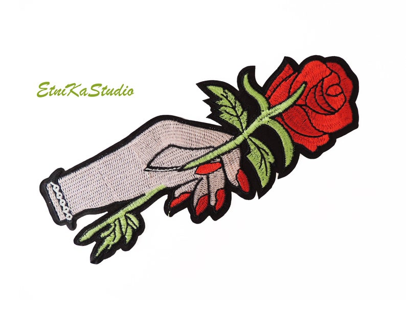 794x629 Hand Holding Red Rose Iron On Applique Patch Large Etsy