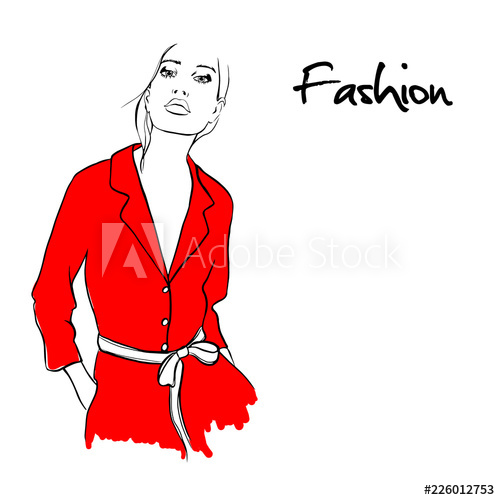 500x500 Fashion Woman Sketch Beautiful Young Woman In Red Shirt, Overalls