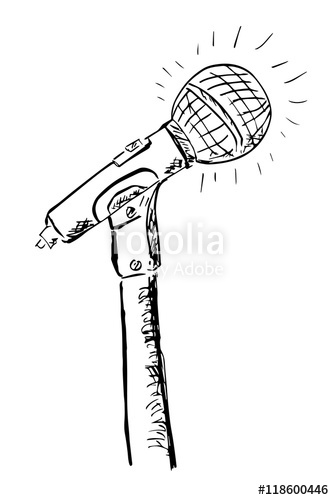 334x500 Hand Draw Sketch Of Microphone, Outline, Isolated On White Stock