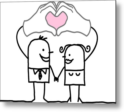 493x444 Cartoon Couple Making Heart Sign With Their Hands Metal Print