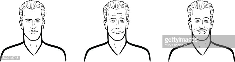 801x214 Whiteboard Drawing Handsome Man Face Three Expressions Stock