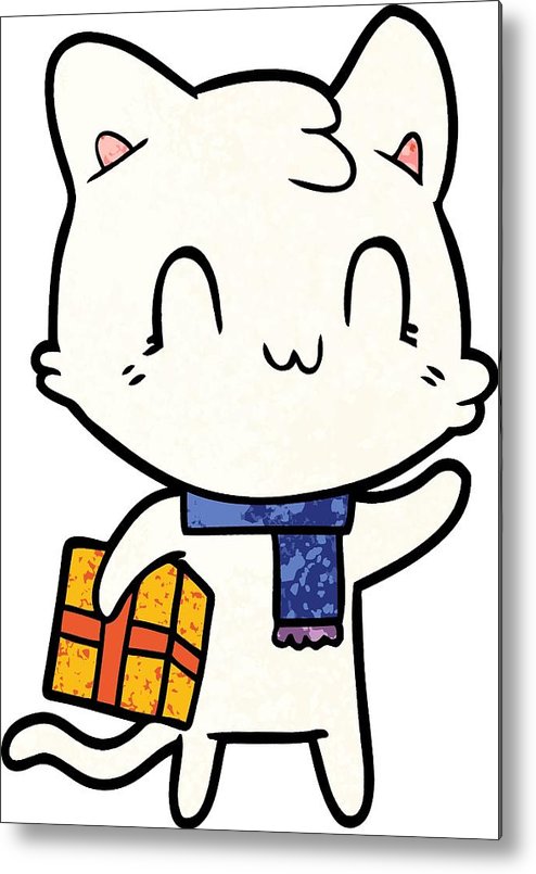 494x805 Cartoon Happy Cat Wearing Scarf Metal Print