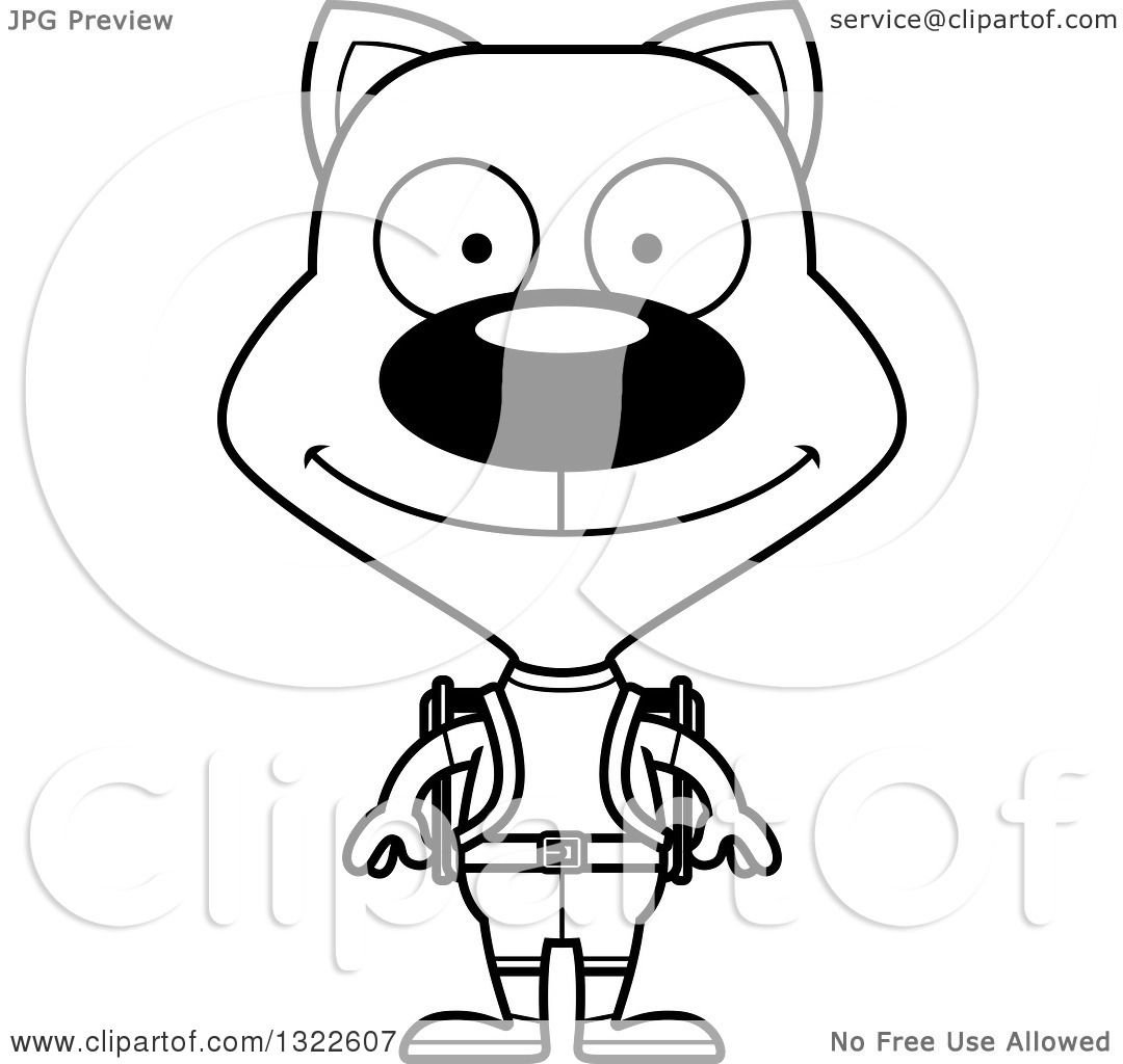 1080x1024 Lineart Clipart Of A Cartoon Black And White Happy Cat Hiker